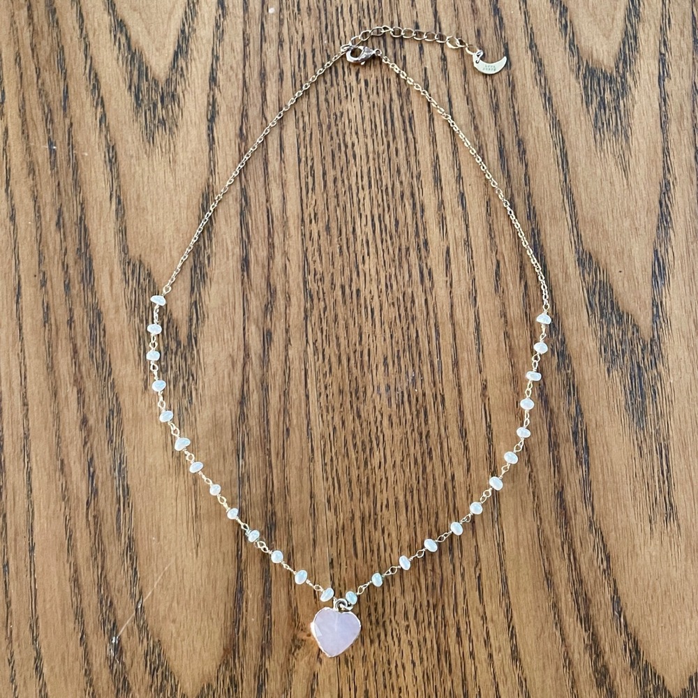 Luna Norte Gold Tone Pink Heart Stone Beaded Necklace Celestial Moon Charm